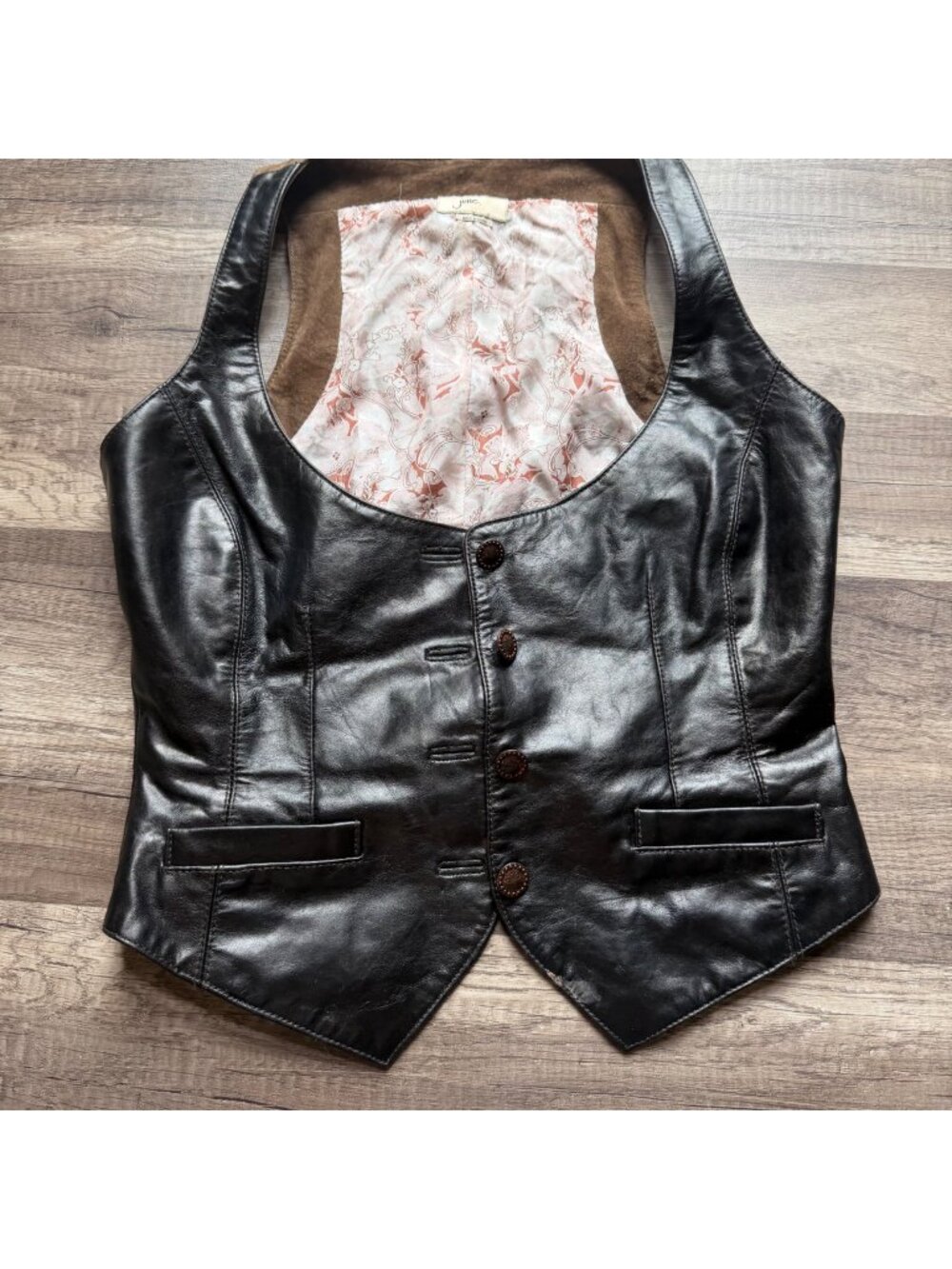 Black Leather & Brown Suede Buttoned Womens Vest With Floral Silk Lining Size S